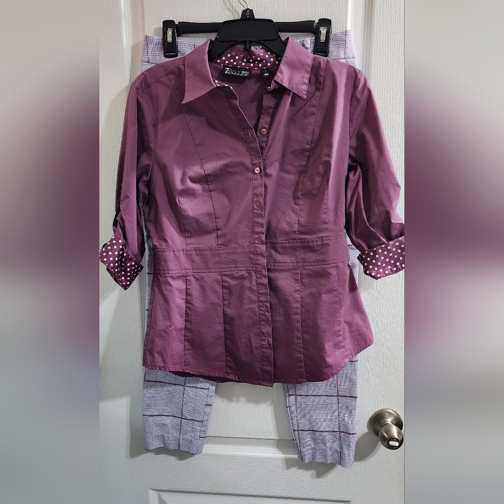 New York & Company Mauve Button-Down Shirt And Pant Set